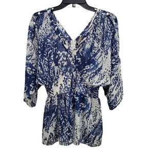 Wilster Women's White Blue Abstract Print Semi Sheer Open Button Sleeve Blouse S